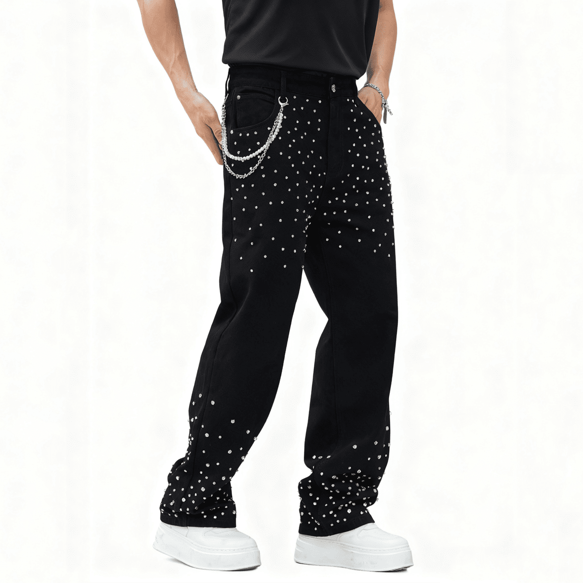 "Studded Logo Pant" Unisex Rhinestone-Embellished Relaxed Straight-Leg Jeans