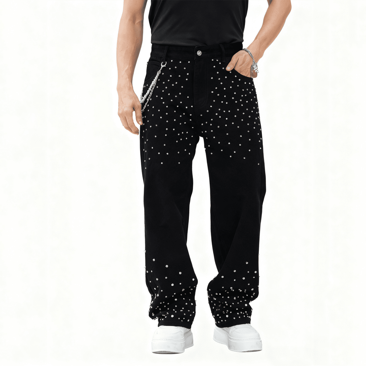 "Studded Logo Pant" Unisex Rhinestone-Embellished Relaxed Straight-Leg Jeans