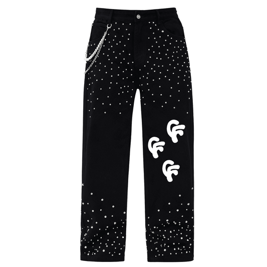 "Studded Logo Pant" Unisex Rhinestone-Embellished Relaxed Straight-Leg Jeans