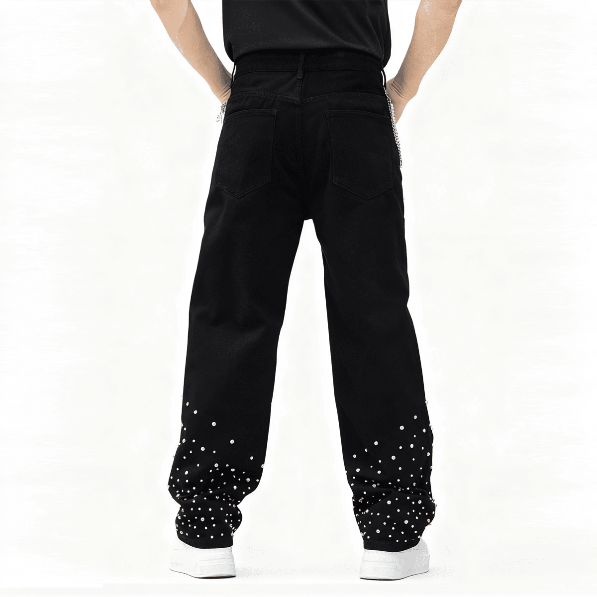 "Studded Logo Pant" Unisex Rhinestone-Embellished Relaxed Straight-Leg Jeans