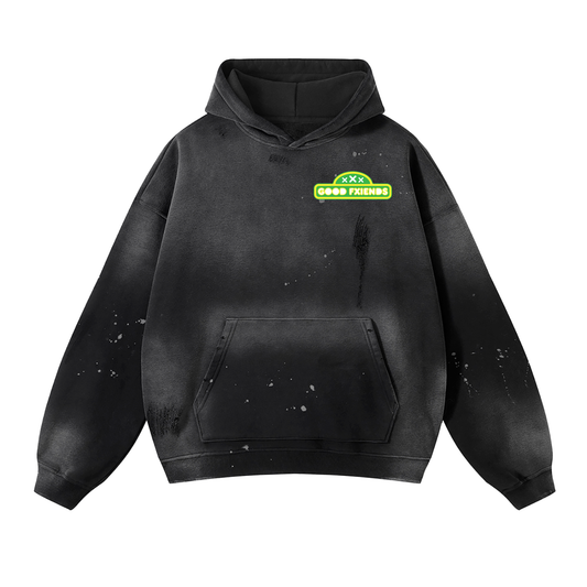 "Power Man" Vintage Washed Frayed Fleece Hoodie